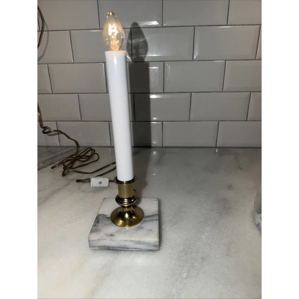 Vintage Marble Base Candle‎ Lamp With Twall Blue Shade